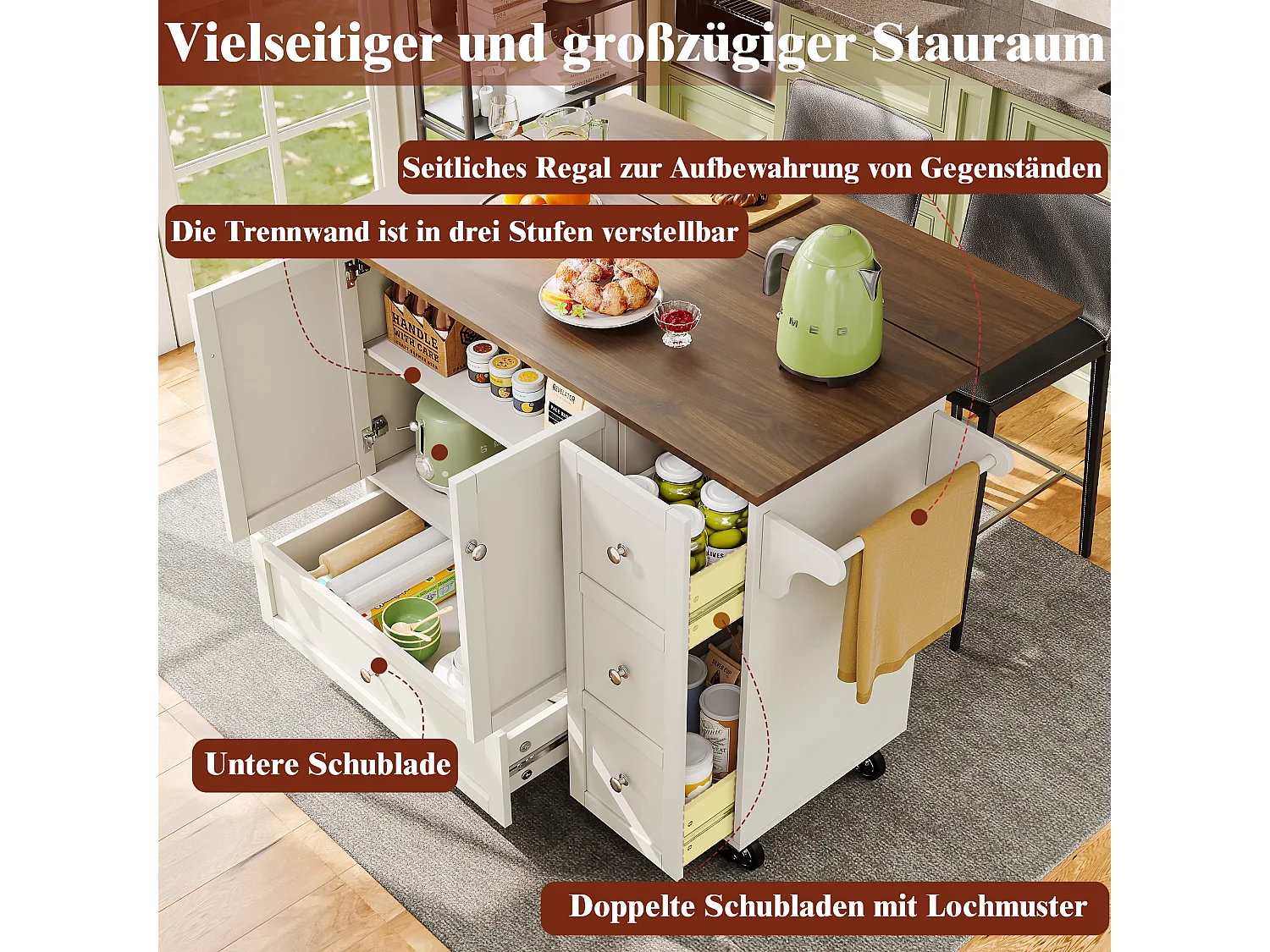 Chariot de cuisine avec portes à rayures, espace de rangement, MDF, blanc (128x40x92.5 cm)