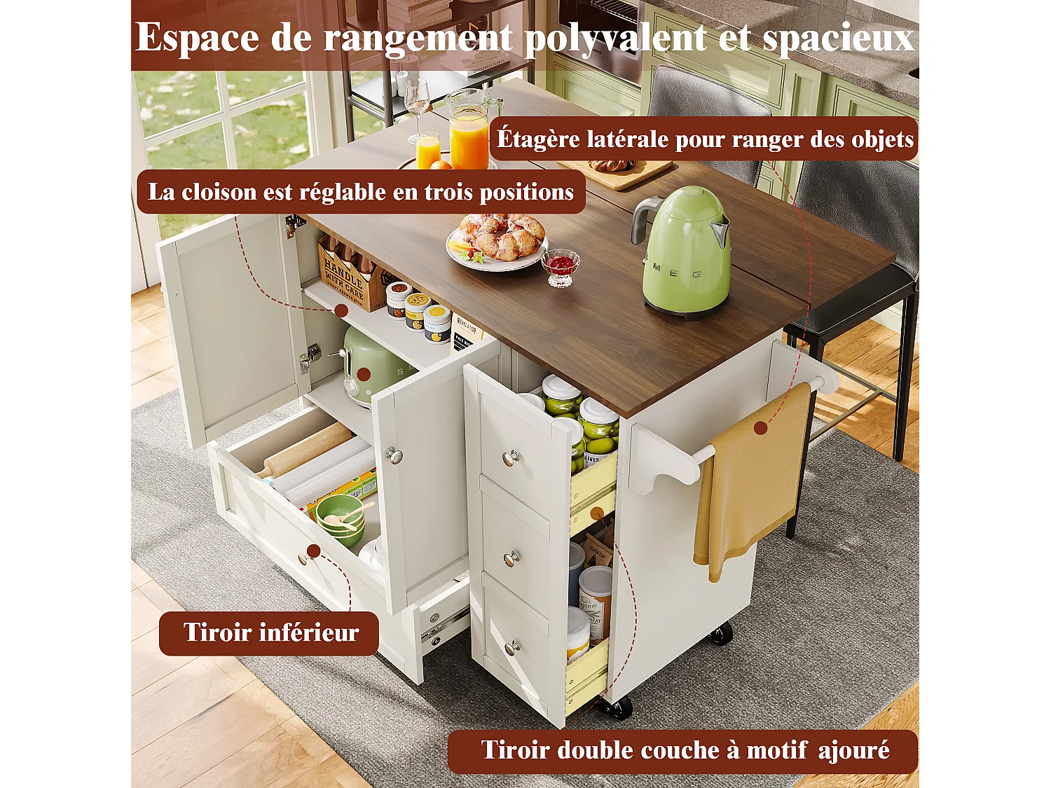 Chariot de cuisine avec portes à rayures, espace de rangement, MDF, blanc (128x40x92.5 cm)