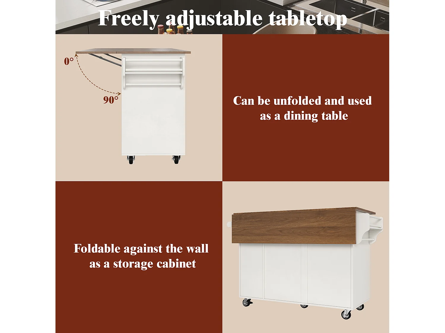 Chariot de cuisine avec portes à rayures, espace de rangement, MDF, blanc (128x40x92.5 cm)