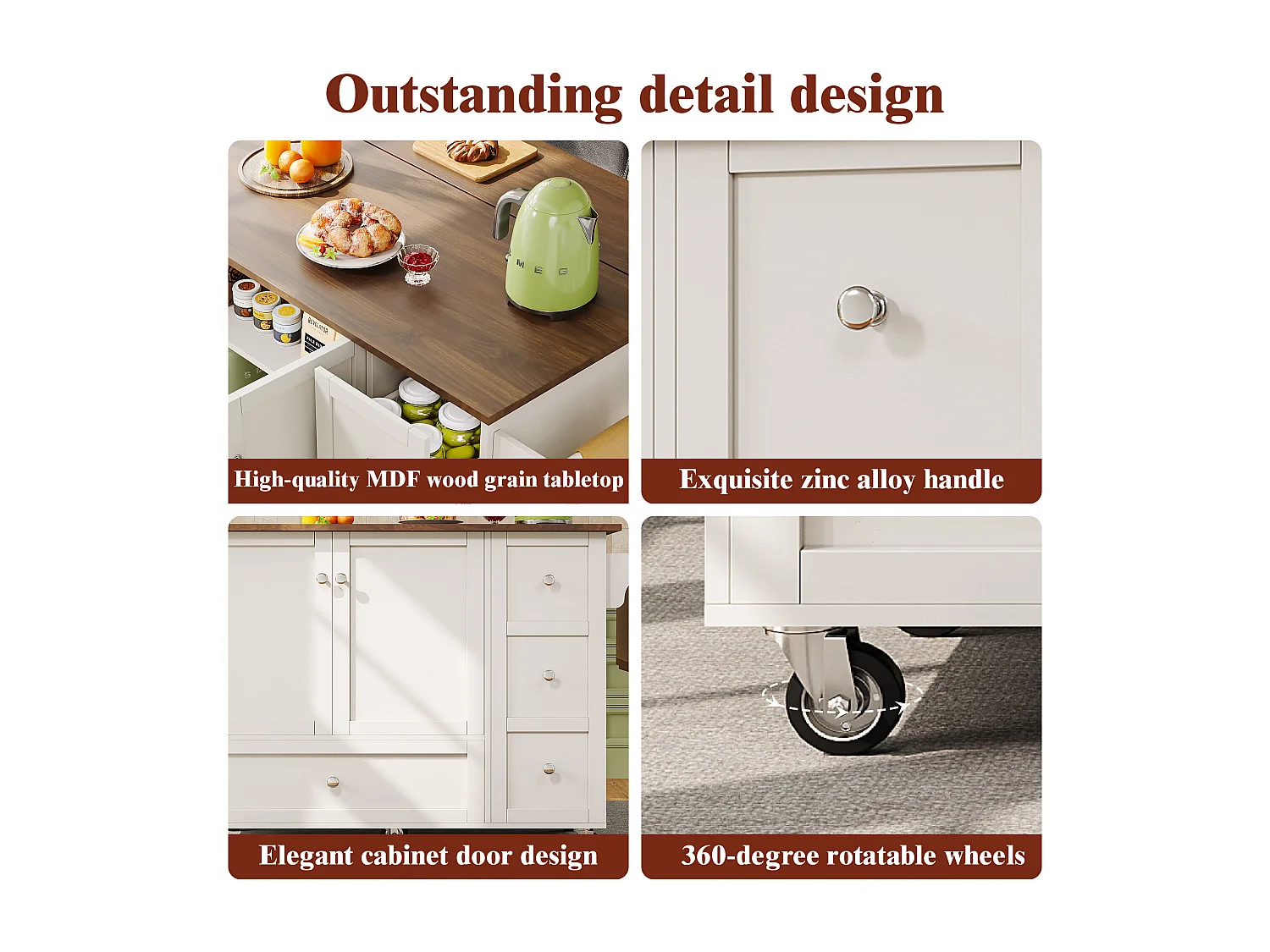 Chariot de cuisine avec portes à rayures, espace de rangement, MDF, blanc (128x40x92.5 cm)