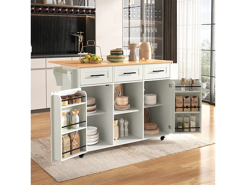 Grand chariot de cuisine, plateau rabattable, 3 tiroirs, portes, roulettes, pieds bois massif (L139 x P46 x H91.5 cm)