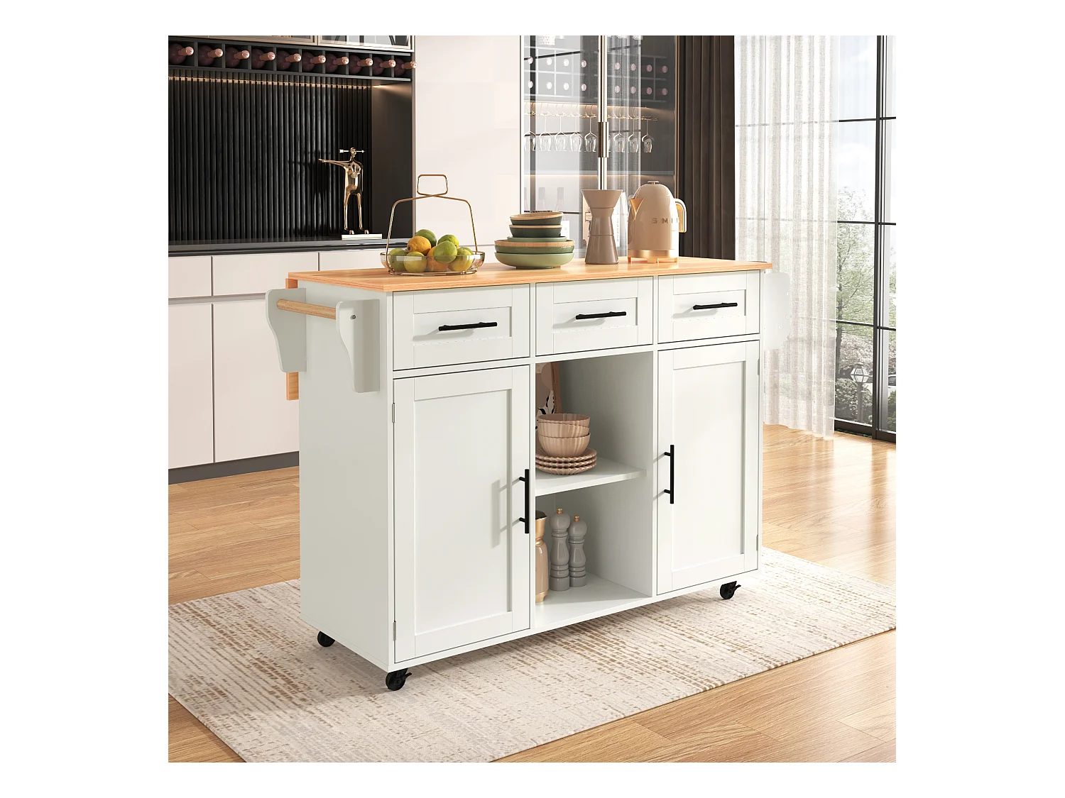 Grand chariot de cuisine, plateau rabattable, 3 tiroirs, portes, roulettes, pieds bois massif (L139 x P46 x H91.5 cm)