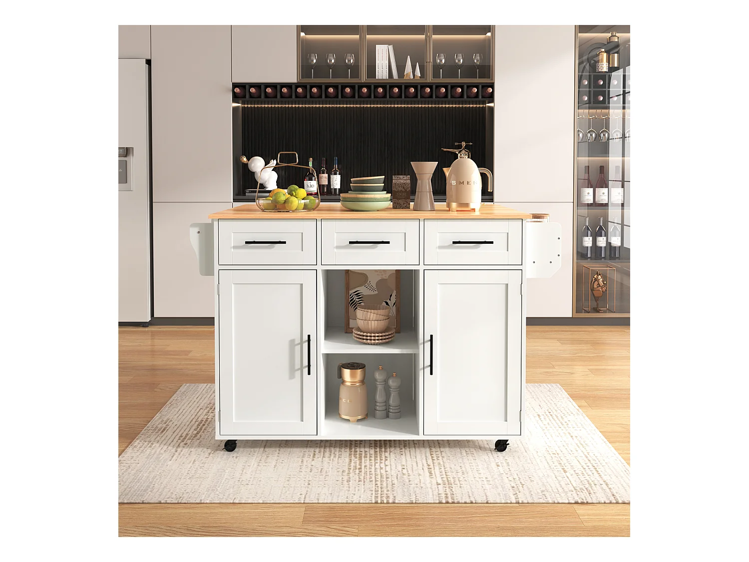 Grand chariot de cuisine, plateau rabattable, 3 tiroirs, portes, roulettes, pieds bois massif (L139 x P46 x H91.5 cm)