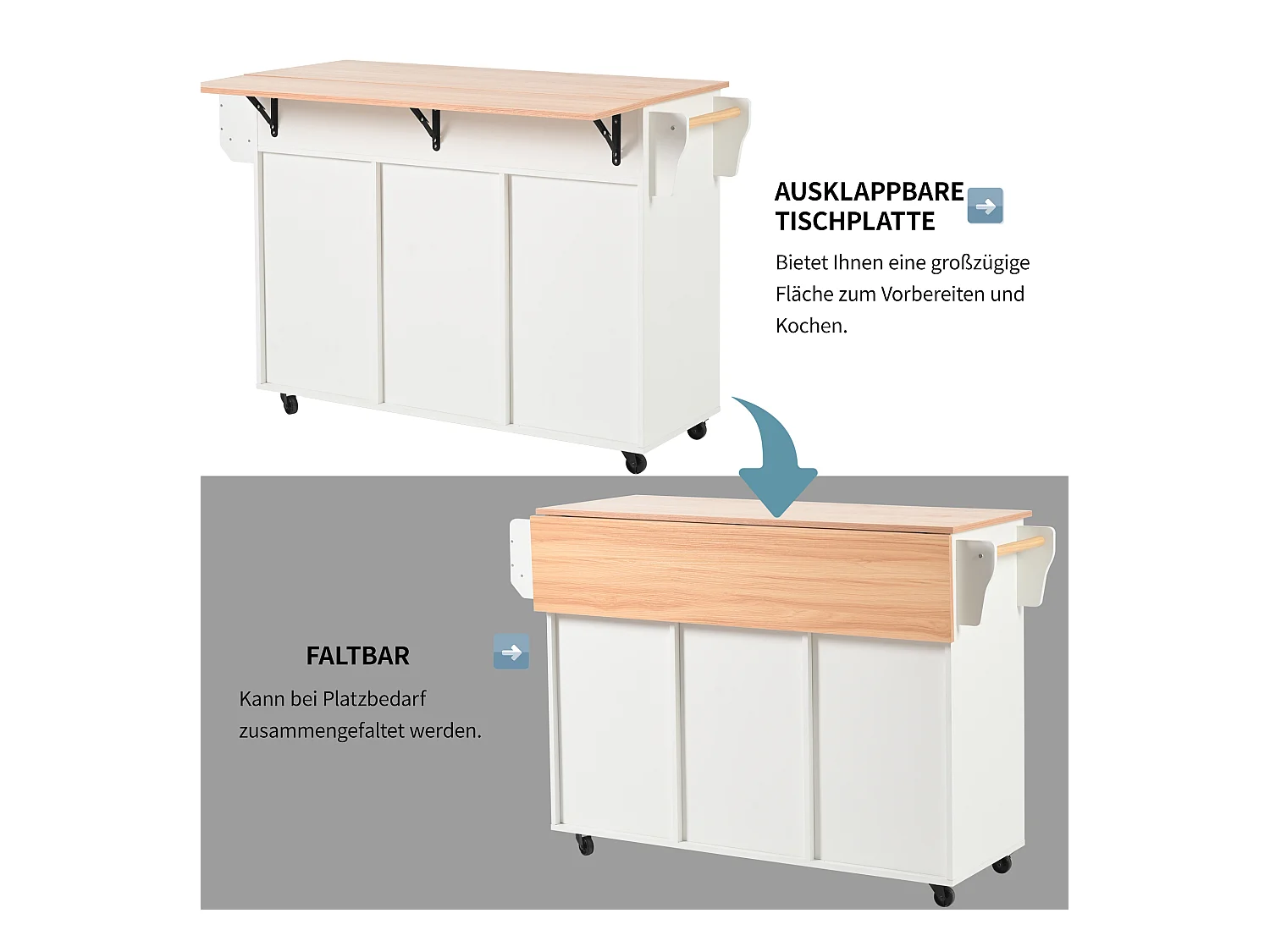 Grand chariot de cuisine, plateau rabattable, 3 tiroirs, portes, roulettes, pieds bois massif (L139 x P46 x H91.5 cm)