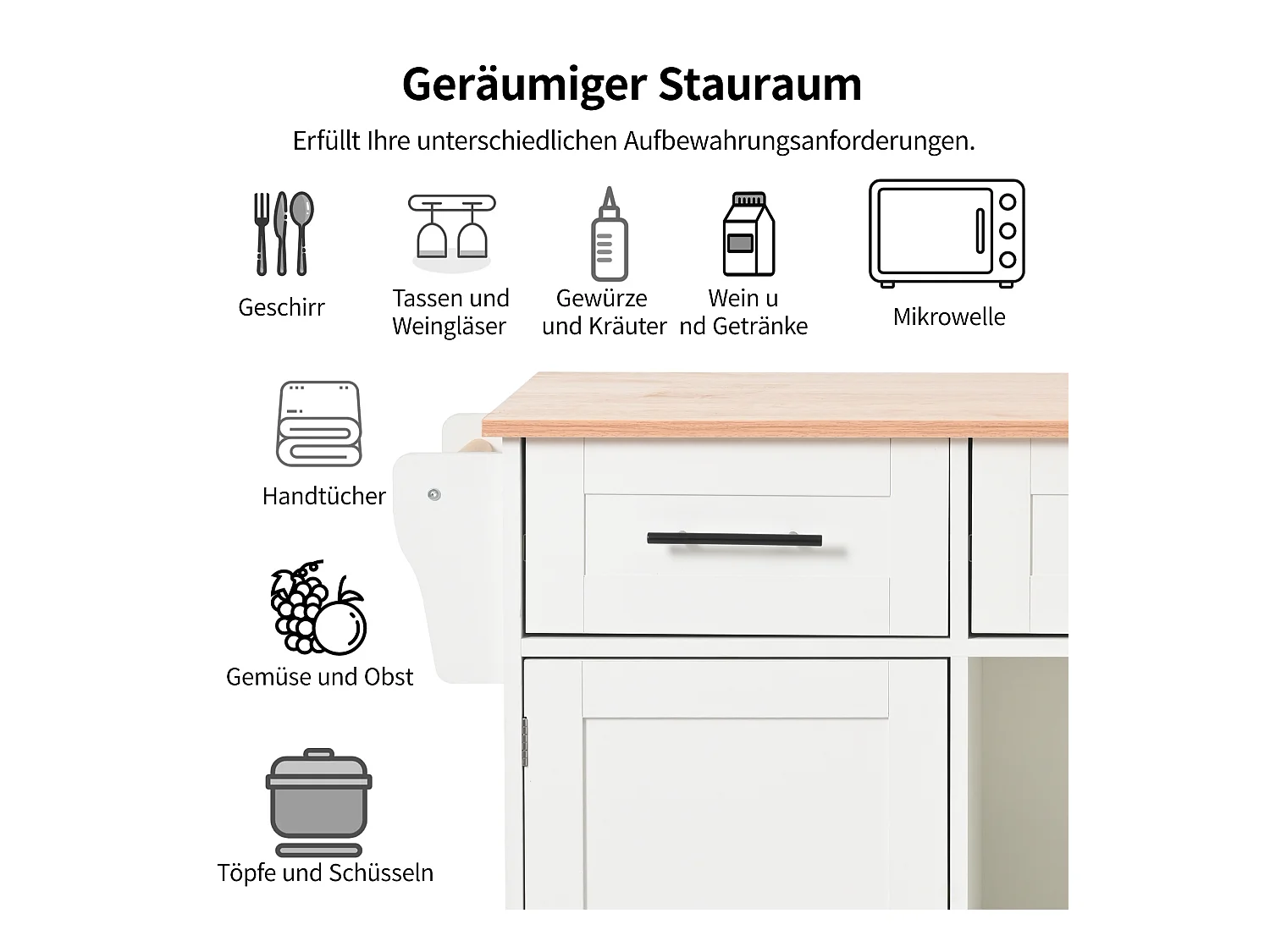 Grand chariot de cuisine, plateau rabattable, 3 tiroirs, portes, roulettes, pieds bois massif (L139 x P46 x H91.5 cm)