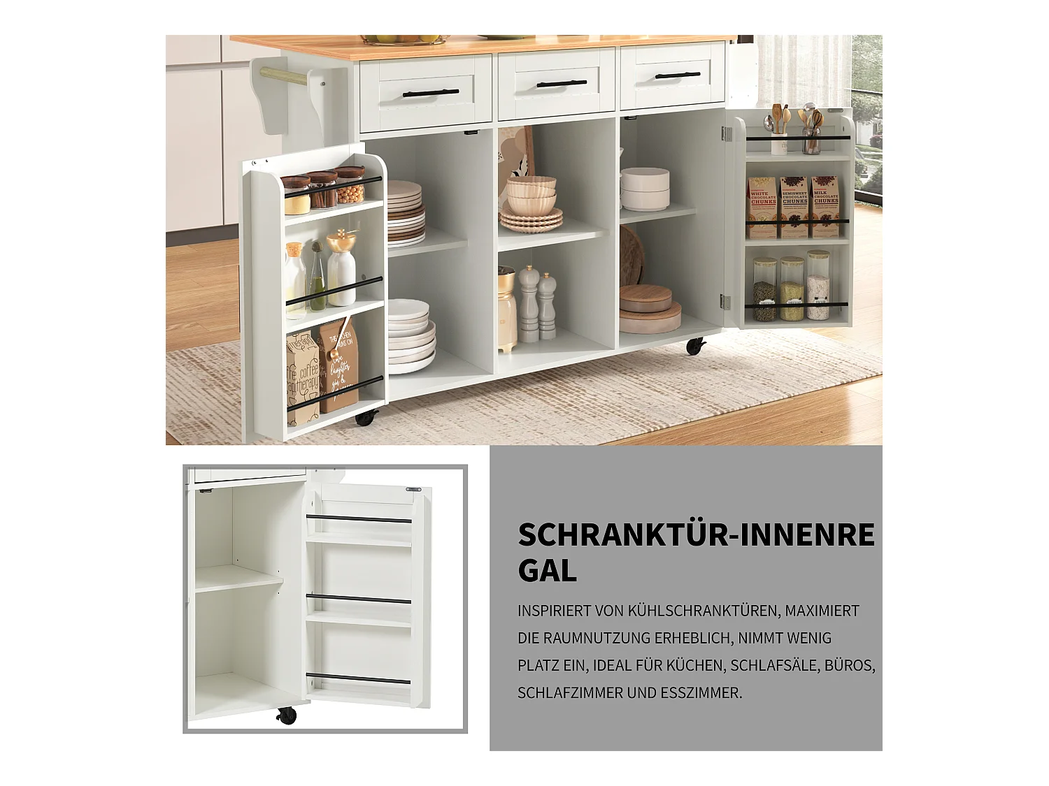 Grand chariot de cuisine, plateau rabattable, 3 tiroirs, portes, roulettes, pieds bois massif (L139 x P46 x H91.5 cm)