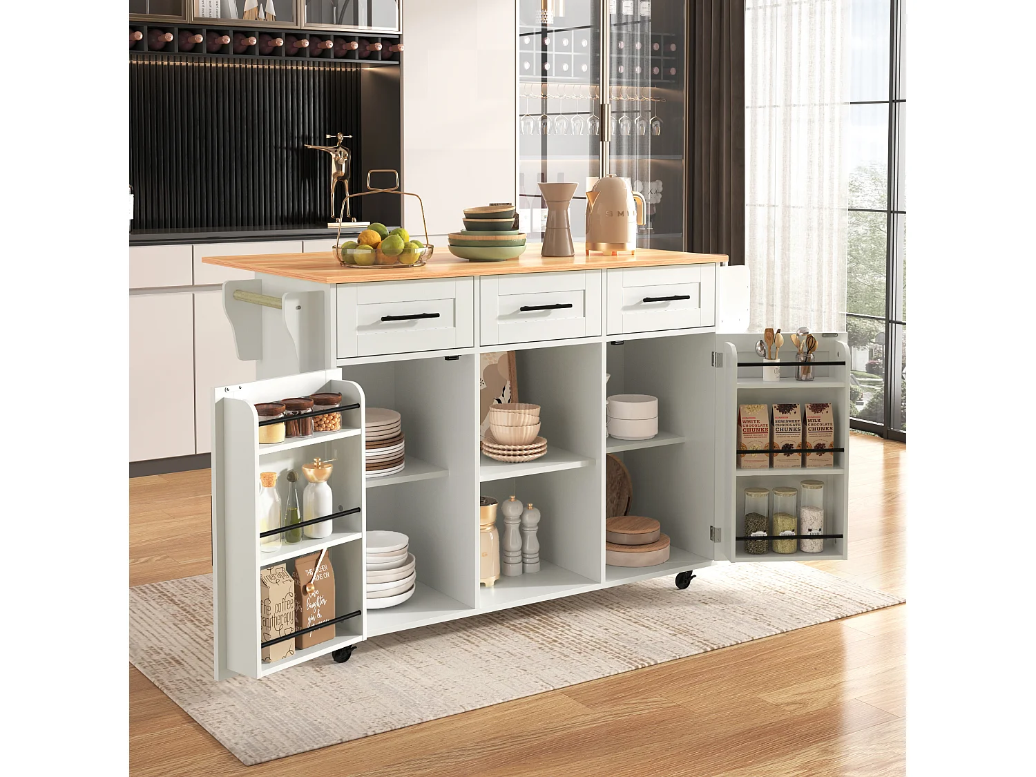 Carrello da cucina grande, piano ribaltabile, 3 cassetti, ante, ruote, gambe in legno massello (L139 x P46 x H91,5 cm)