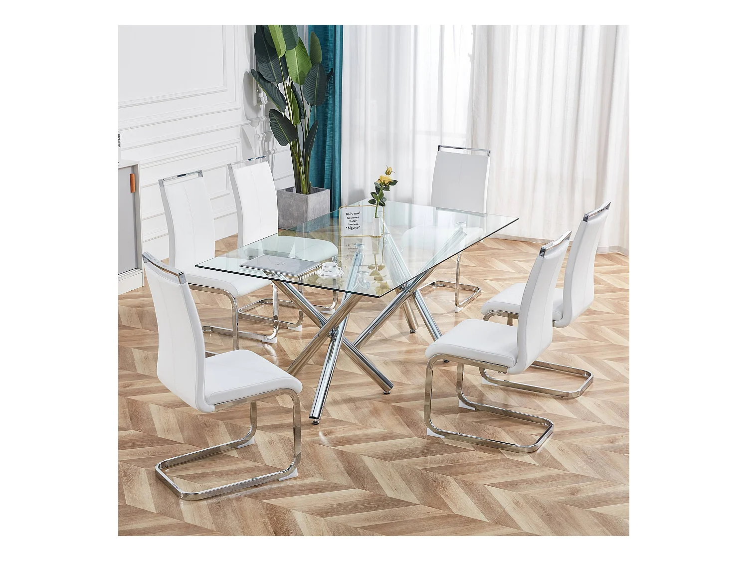 Chaise avec dossier haut en PU similicuir et velours, cadre en métal chromé, Lot de 4, Blanc (97x51x47 cm)