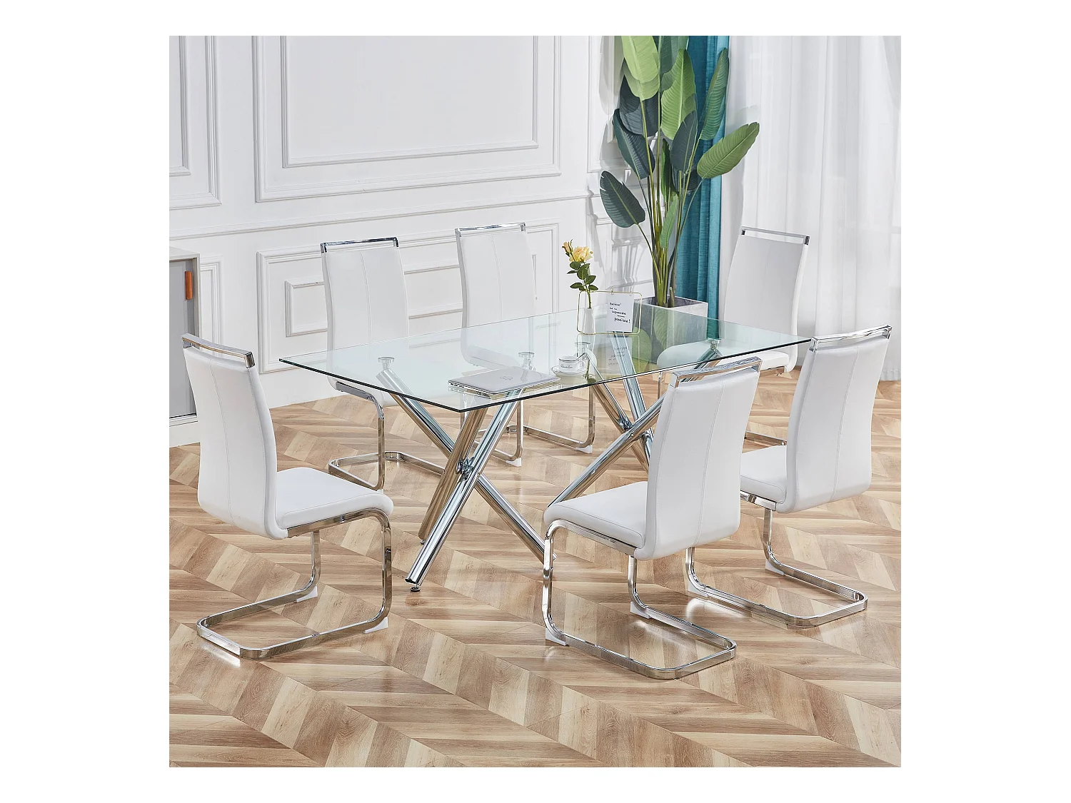 Chaise avec dossier haut en PU similicuir et velours, cadre en métal chromé, Lot de 4, Blanc (97x51x47 cm)