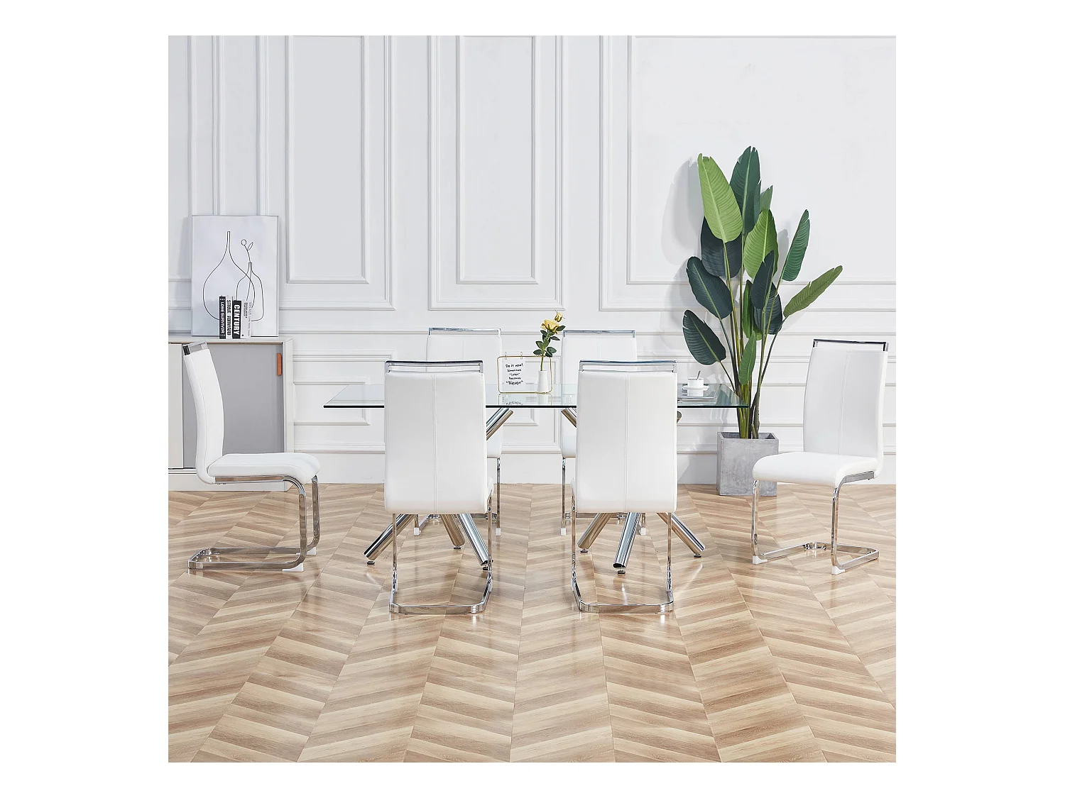 Chaise avec dossier haut en PU similicuir et velours, cadre en métal chromé, Lot de 4, Blanc (97x51x47 cm)