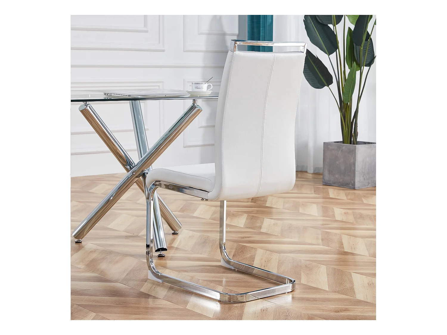 Chaise avec dossier haut en PU similicuir et velours, cadre en métal chromé, Lot de 4, Blanc (97x51x47 cm)