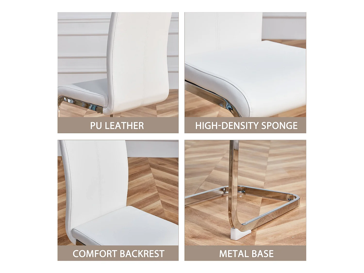 Chaise avec dossier haut en PU similicuir et velours, cadre en métal chromé, Lot de 4, Blanc (97x51x47 cm)