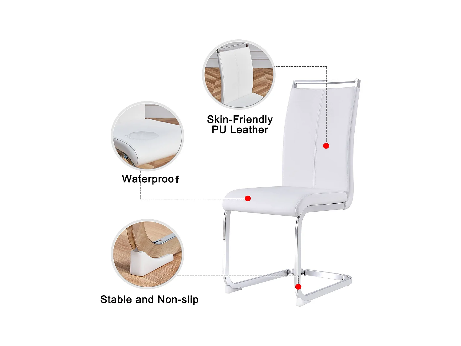 Chaise avec dossier haut en PU similicuir et velours, cadre en métal chromé, Lot de 4, Blanc (97x51x47 cm)