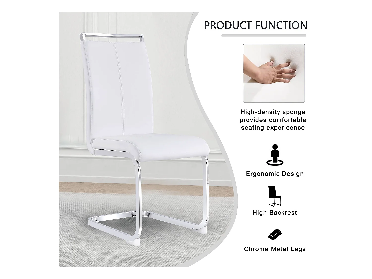Chaise avec dossier haut en PU similicuir et velours, cadre en métal chromé, Lot de 4, Blanc (97x51x47 cm)