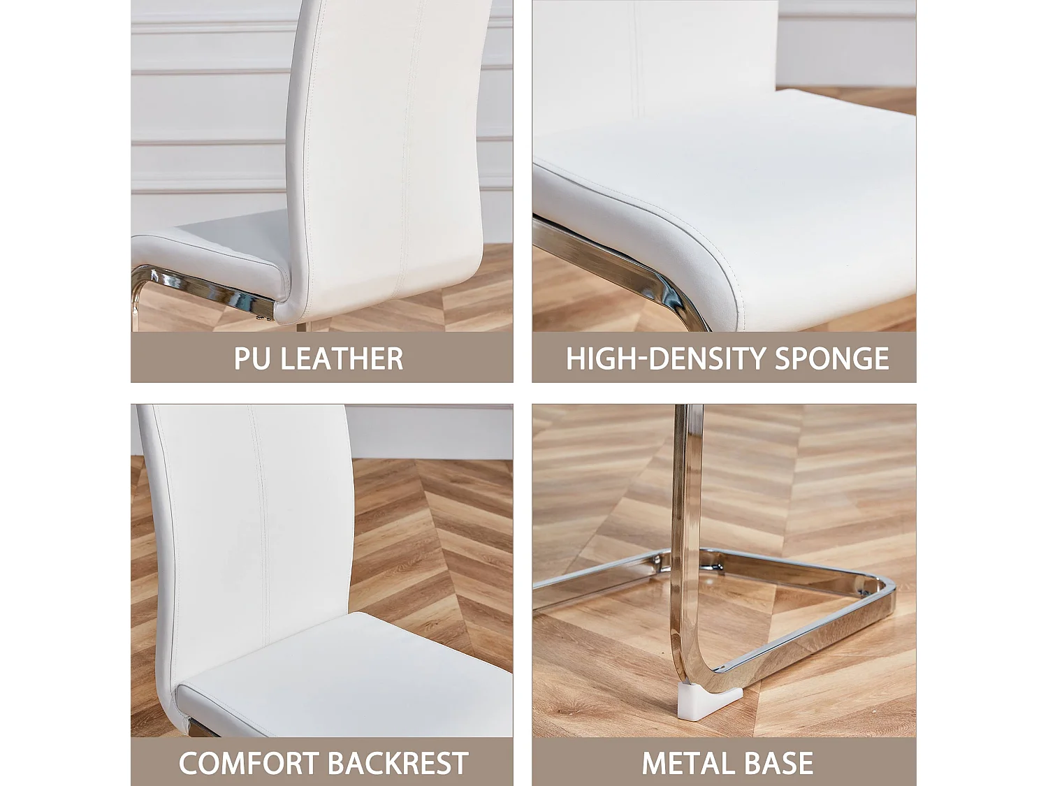 Chaise avec dossier haut en PU similicuir et velours, cadre en métal chromé, Lot de 4, Blanc (97x51x47 cm)