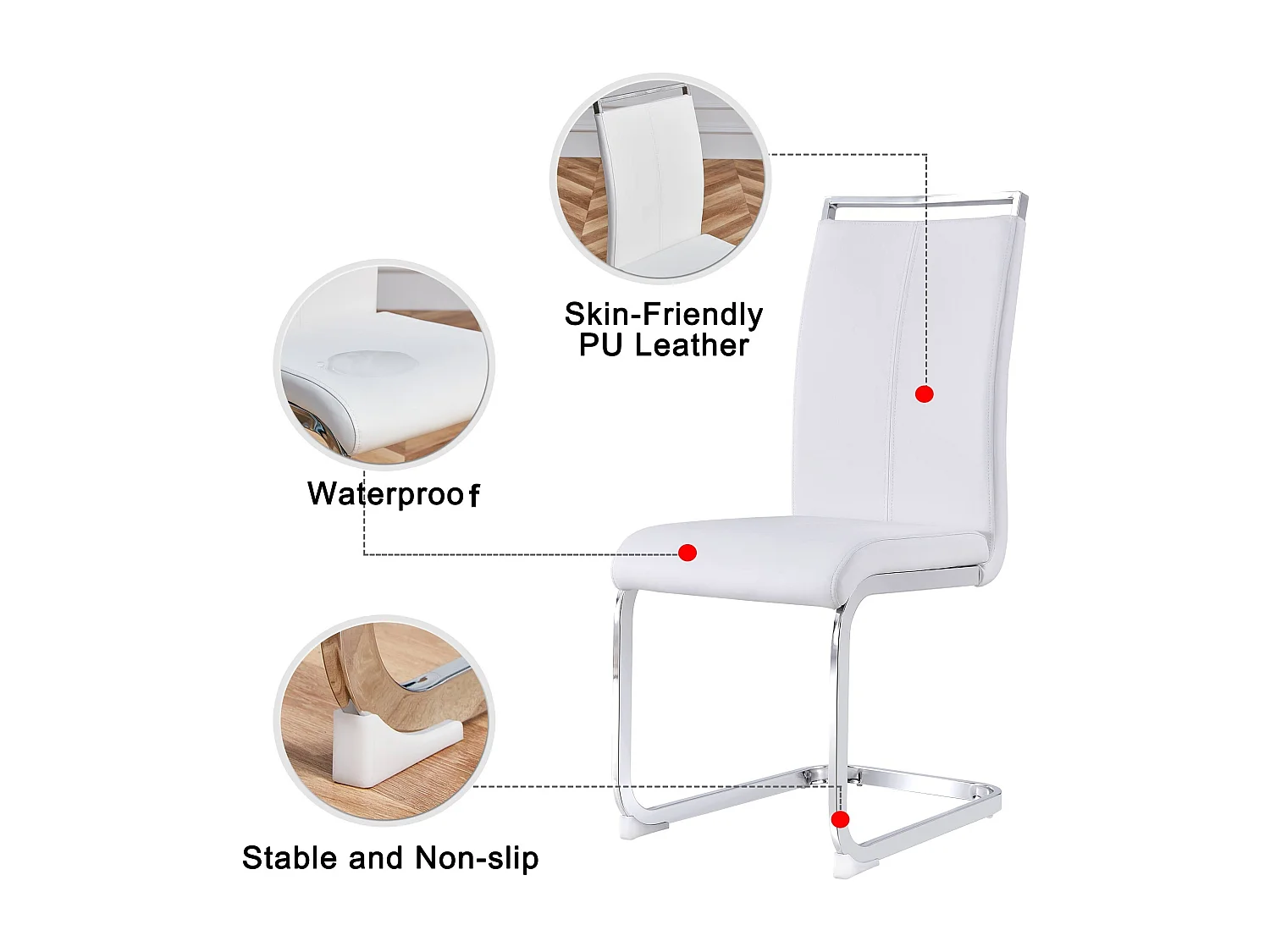 Chaise avec dossier haut en PU similicuir et velours, cadre en métal chromé, Lot de 4, Blanc (97x51x47 cm)