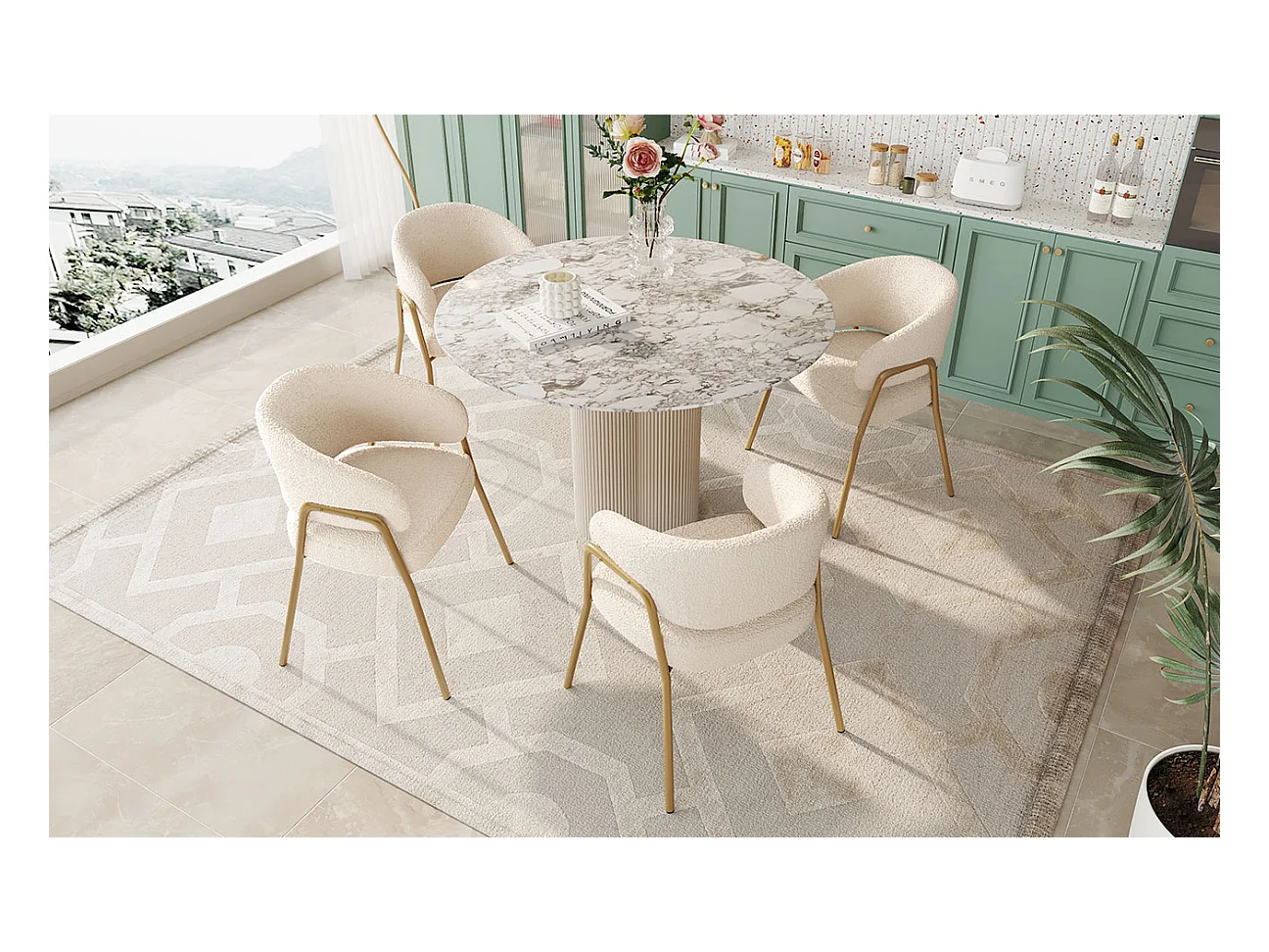 Sedia da pranzo moderna in velluto bianco con gambe dorate, design traforato (49x48x78 cm, set da 4)