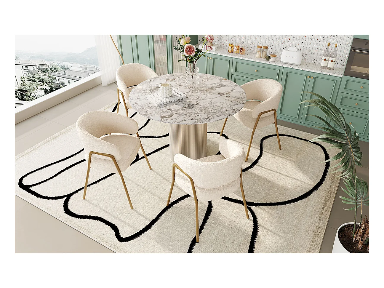 Sedia da pranzo moderna in velluto bianco con gambe dorate, design traforato (49x48x78 cm, set da 4)