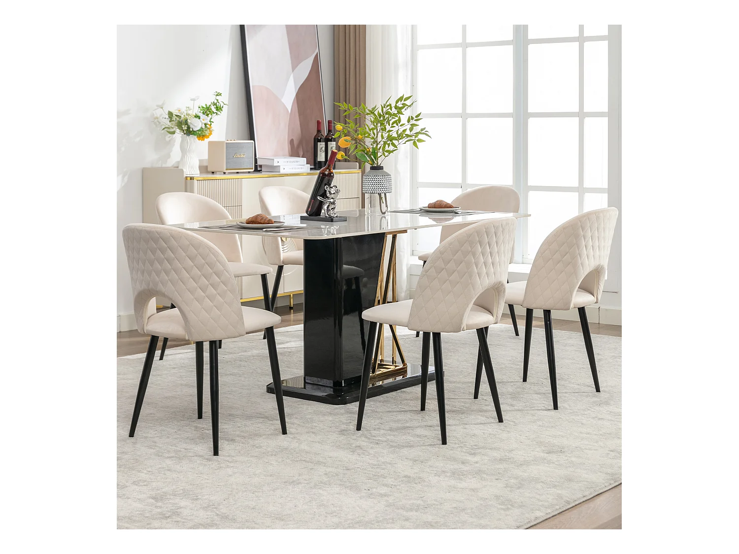 Chaise de salle à manger 6 pcs, rembourrée avec dossier, assise velours beige, pieds métalliques réglables, motif diamant (47x44x84 cm)