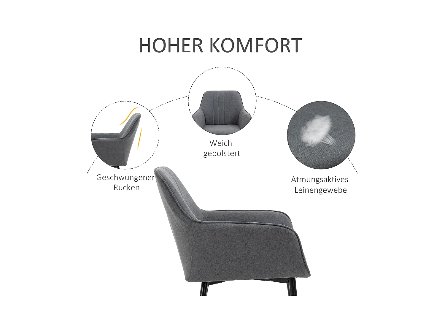 Chaises de Salle à Manger 4 Pièces, Design Moderne, Lin Respirant, Métal, Gris (59.5x56.5x81 cm)