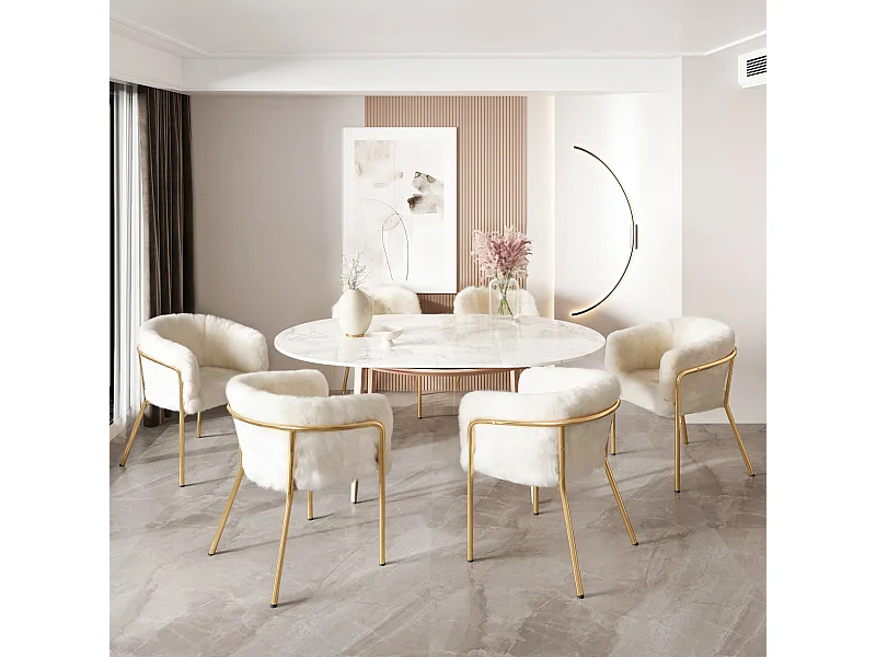 Chaise de Salon, Lot de 6, Design Luxe Léger, Fourrure Synthétique, Pieds Métalliques, Beige (64.77x59.69x55.88 cm)