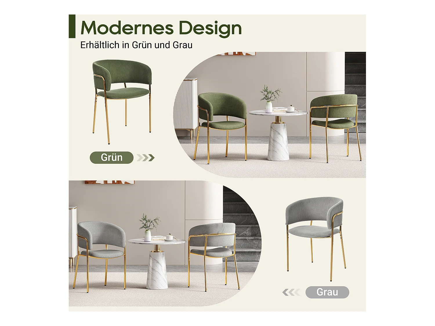 6 Chaises design en velours côtelé, pieds inclinés réglables, métal et bois, gris (55x55x80cm)