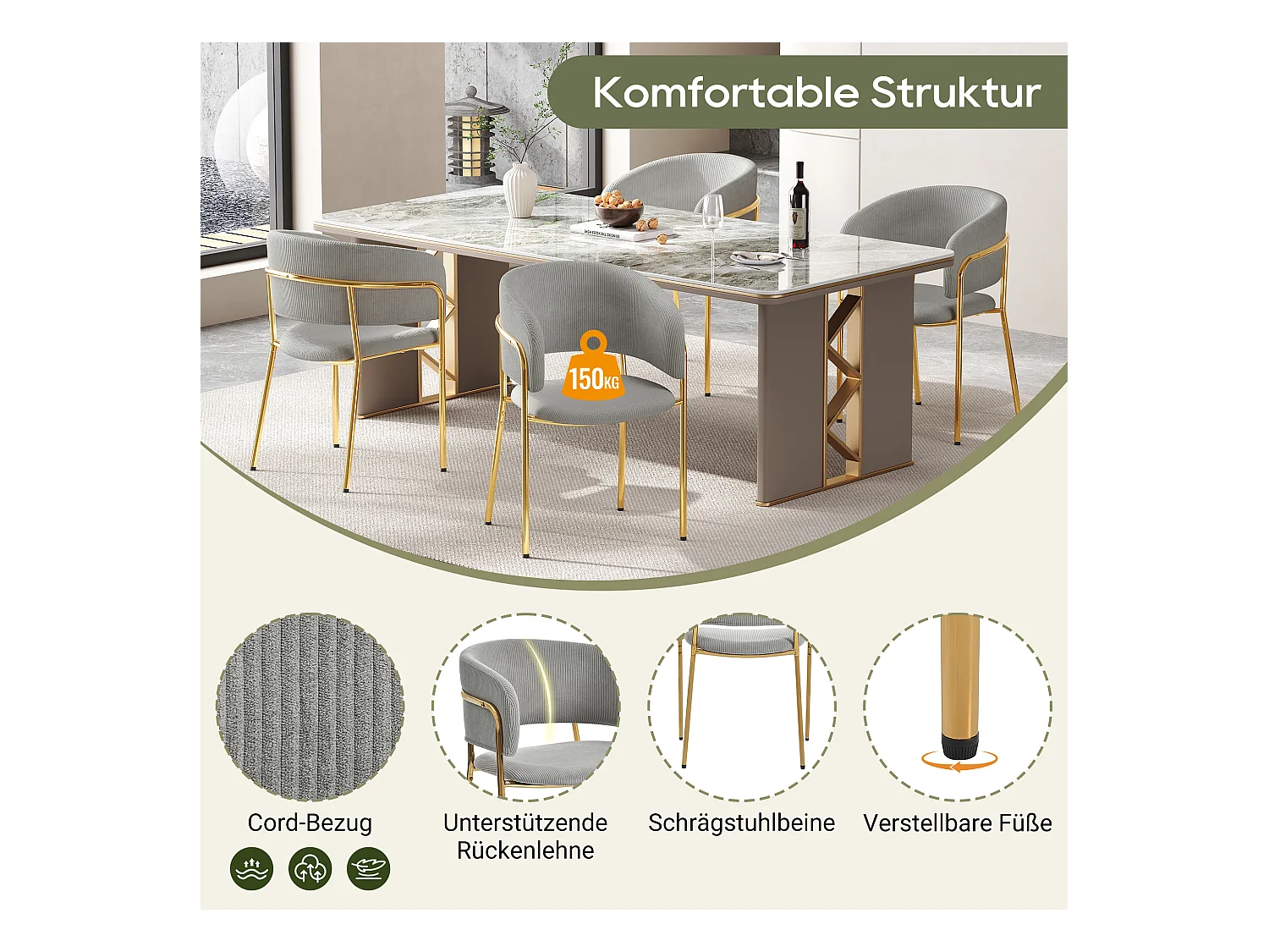6 Chaises design en velours côtelé, pieds inclinés réglables, métal et bois, gris (55x55x80cm)