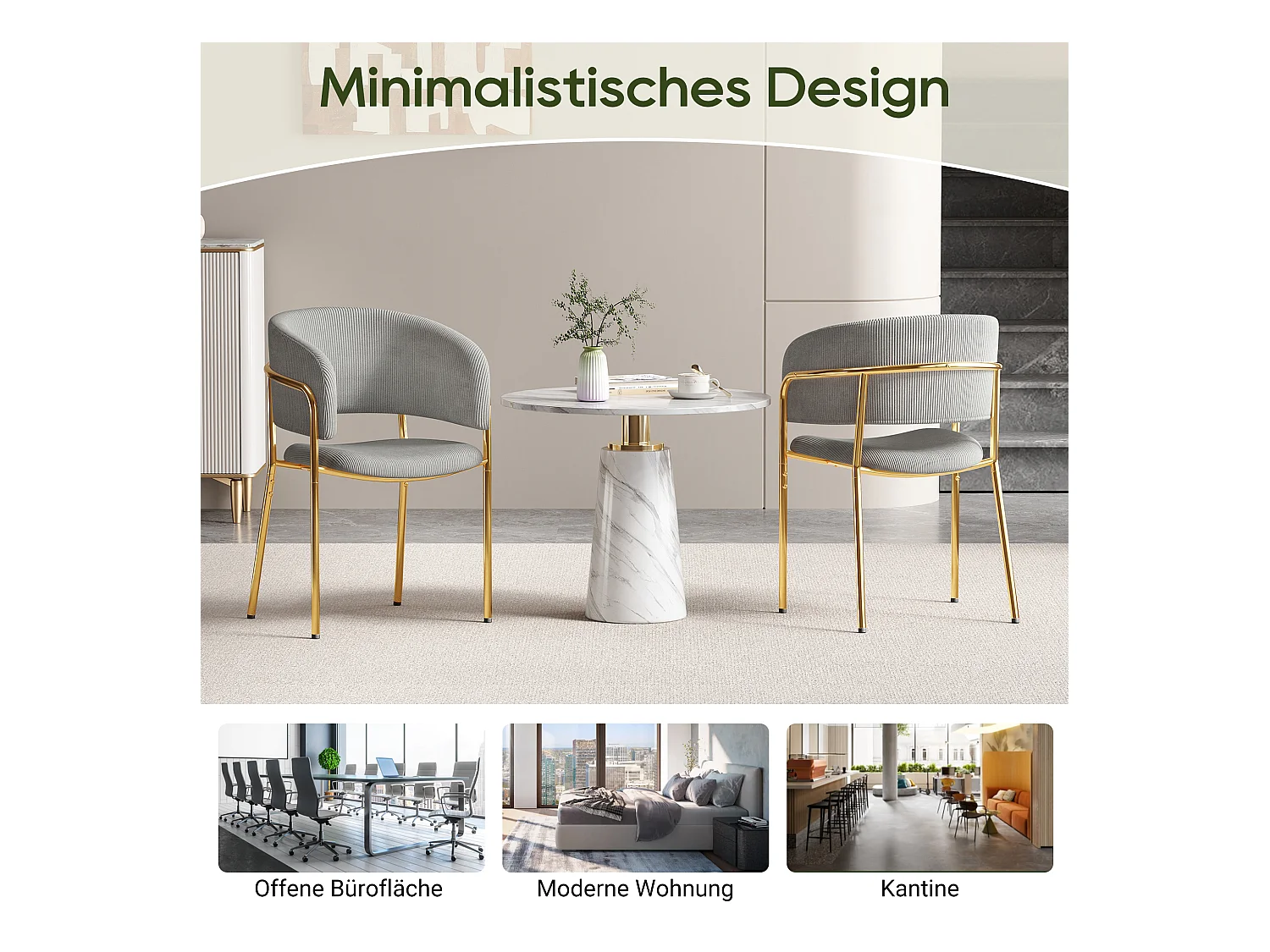 6 Chaises design en velours côtelé, pieds inclinés réglables, métal et bois, gris (55x55x80cm)