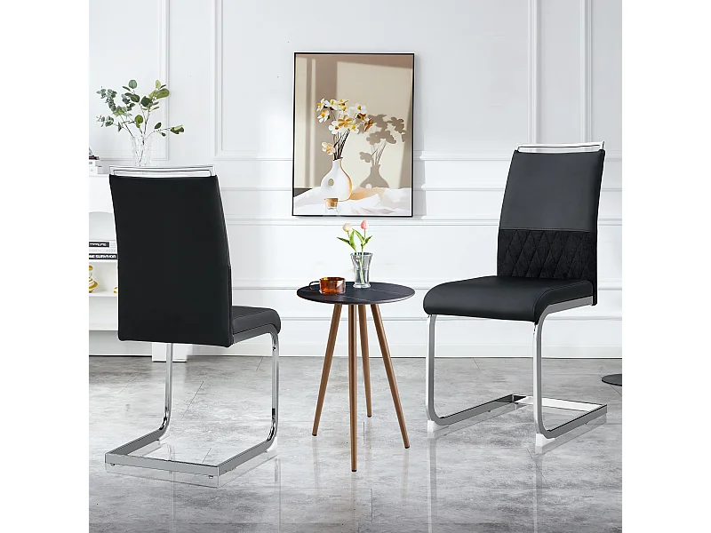 Sedie da pranzo, set di 2, schienale alto in similpelle e lino, borchie decorative, metallo, velluto nero (42x45x83,7 cm)