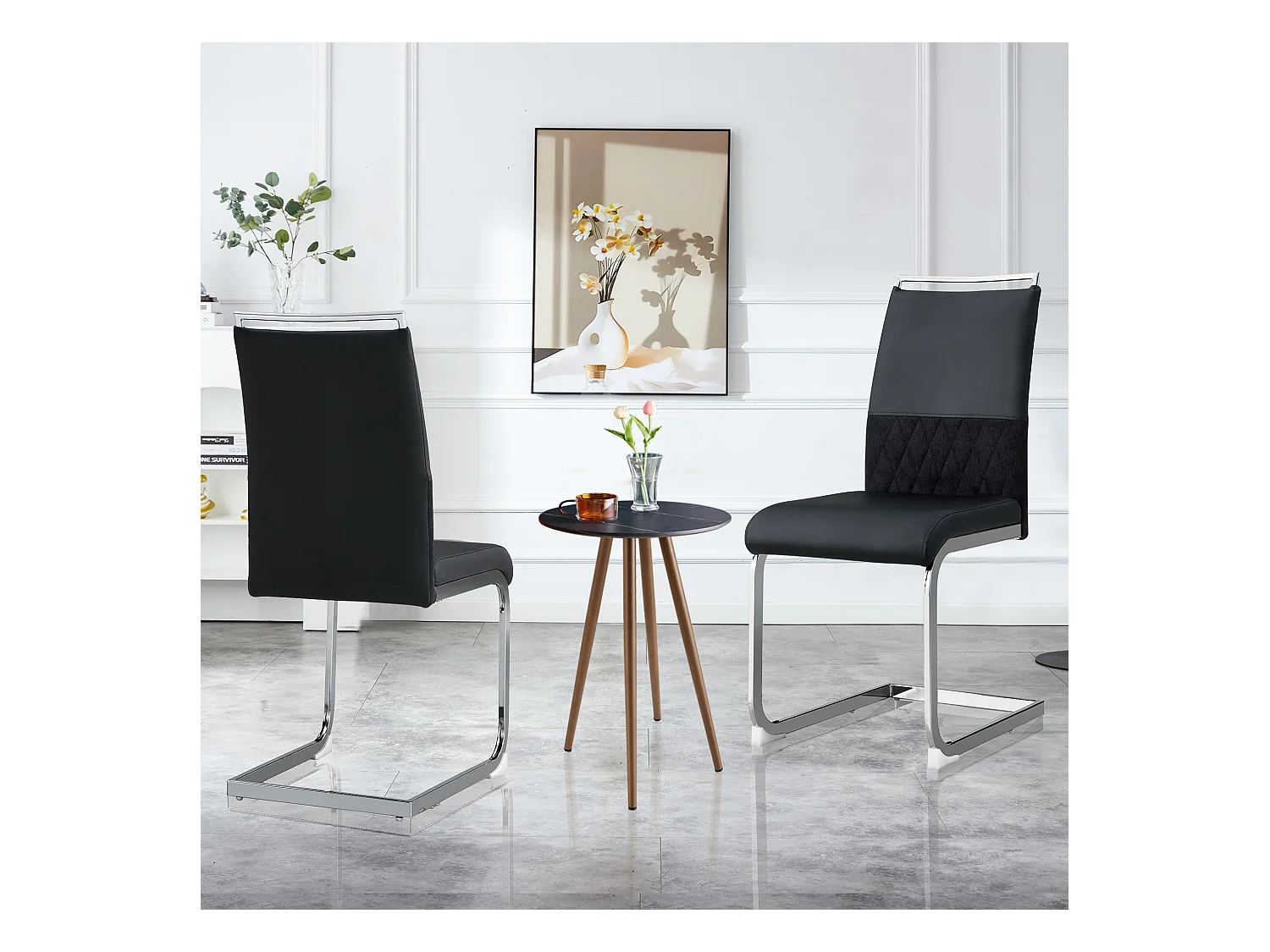 Chaises de salle à manger, Lot de 2, haut dossier en PU cuir et lin, clous décoratifs, métal, velours noir (42x45x83.7 cm)