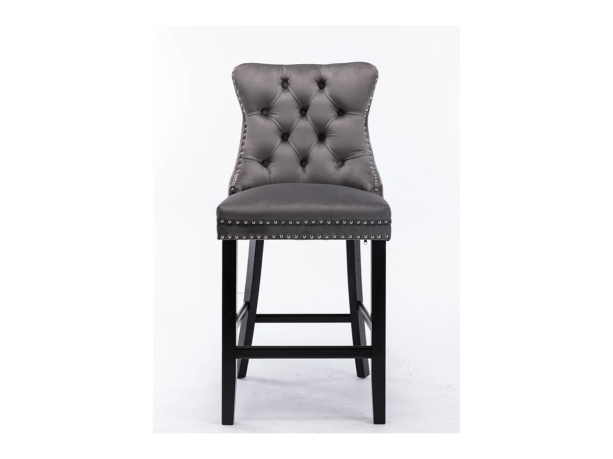 Tabouret de bar moderne en velours, pieds en bois massif, clous décoratifs en chrome, gris (60x50x66 cm)