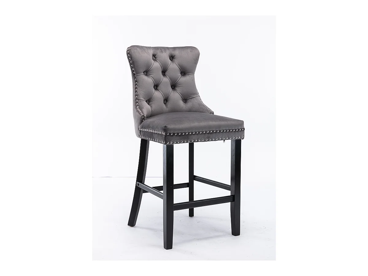 Tabouret de bar moderne en velours, pieds en bois massif, clous décoratifs en chrome, gris (60x50x66 cm)