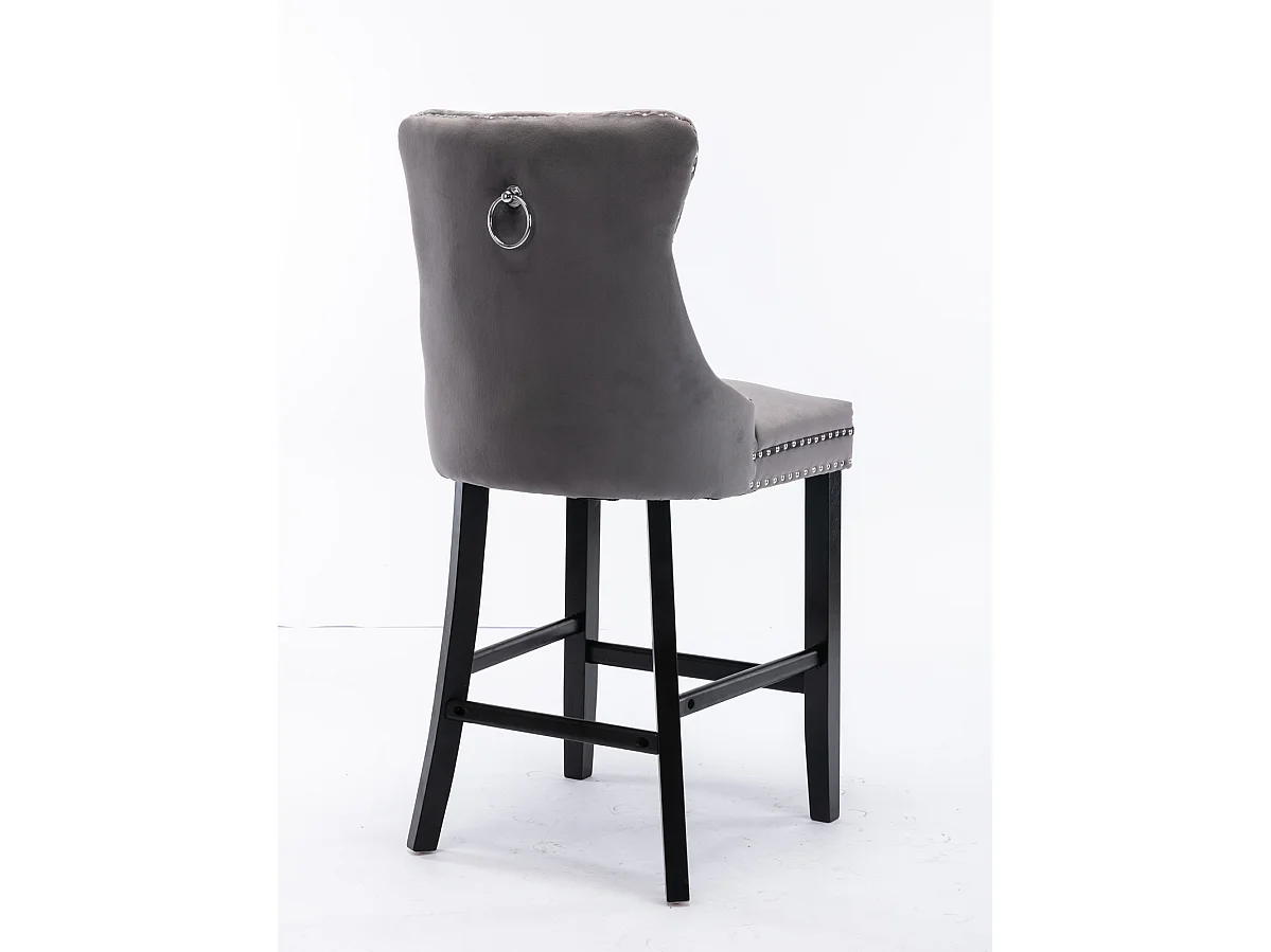 Tabouret de bar moderne en velours, pieds en bois massif, clous décoratifs en chrome, gris (60x50x66 cm)