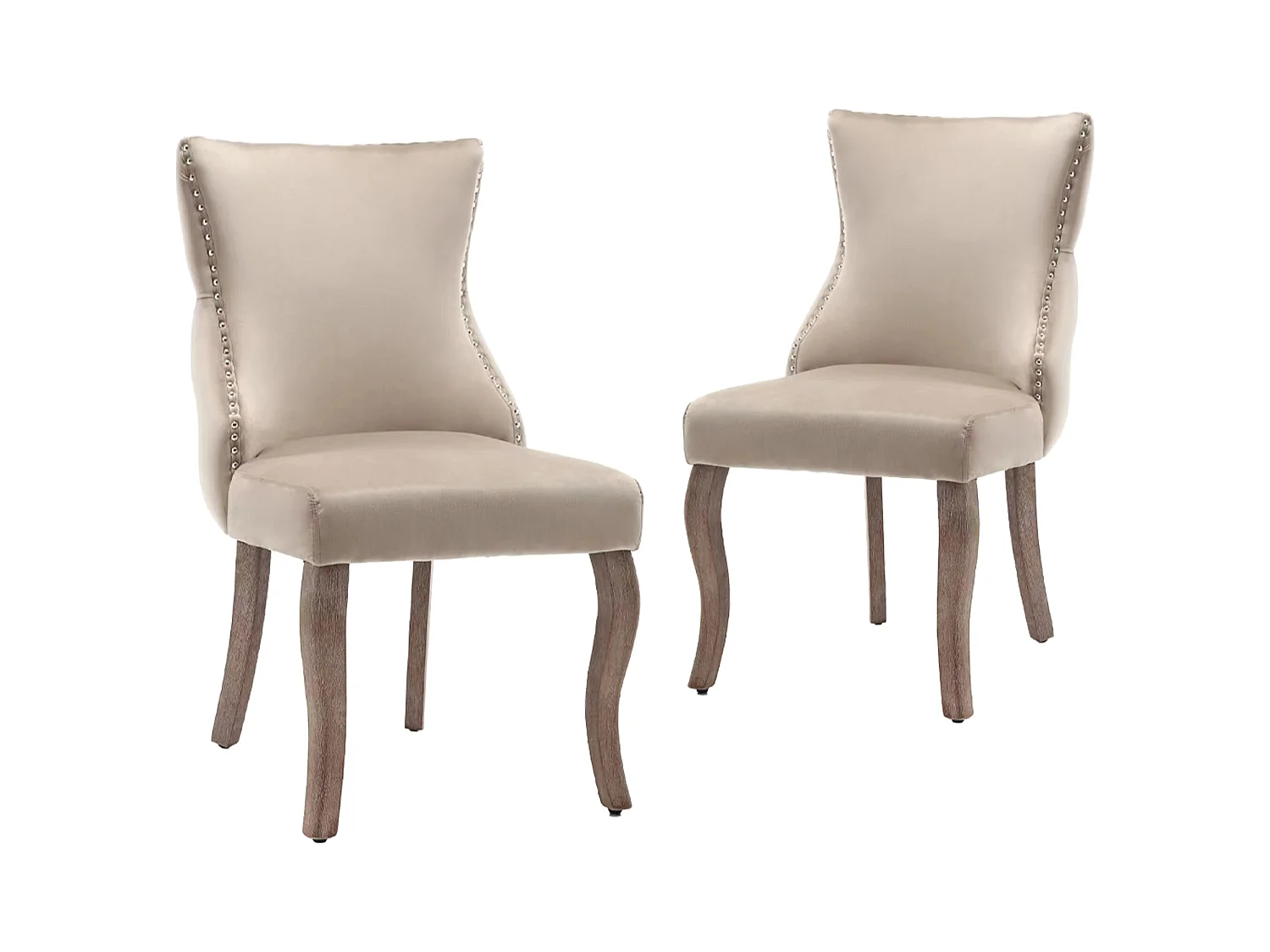 Chaise de salle à manger en velours beige avec clous décoratifs et pieds en bois massif (55x61x91 cm)