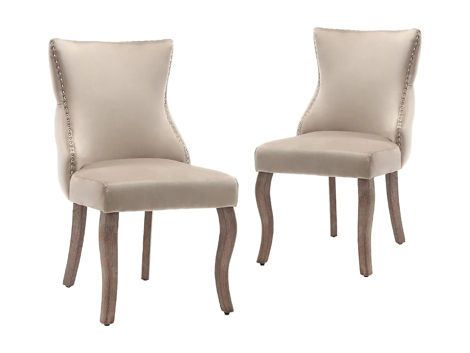 Chaise de salle à manger en velours beige avec clous décoratifs et pieds en bois massif (55x61x91 cm)