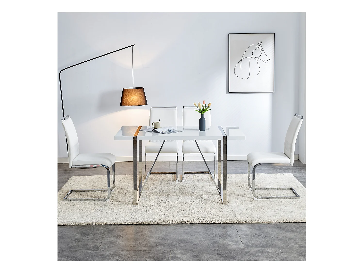 Lot de 2 chaises de salle à manger modernes, dossier en PU et lin, assise en velours, structure métallique, blanc (42x48x95 cm)