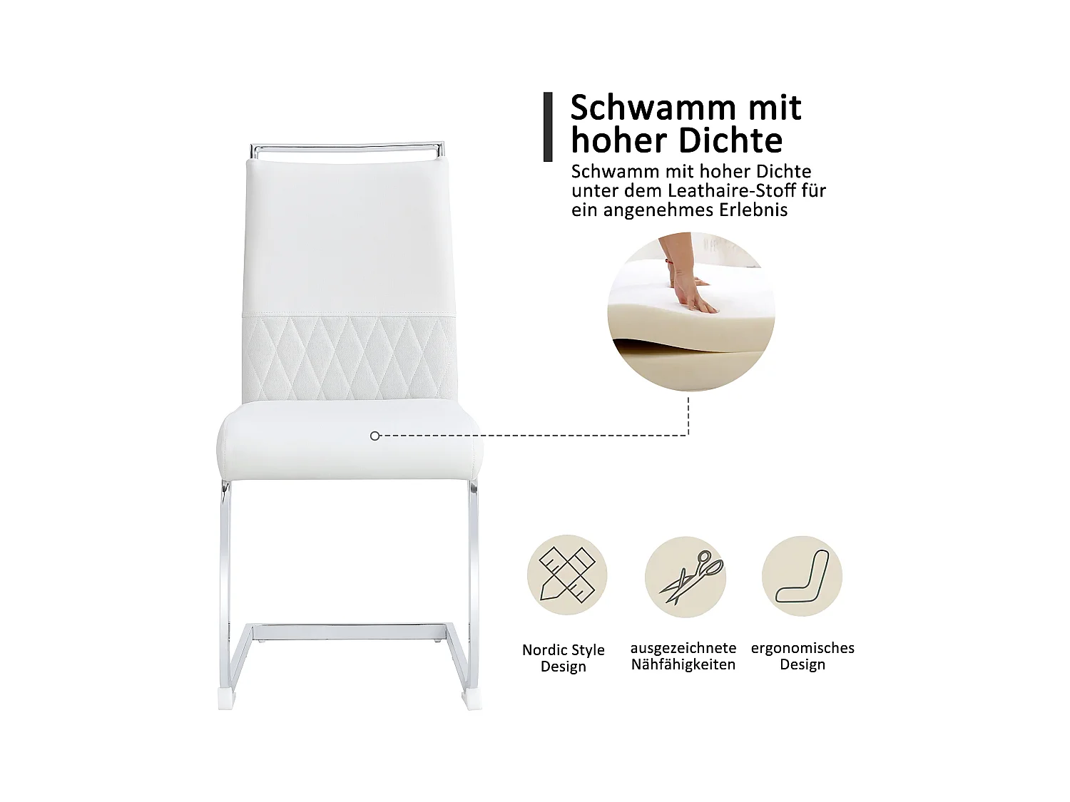 Lot de 2 chaises de salle à manger modernes, dossier en PU et lin, assise en velours, structure métallique, blanc (42x48x95 cm)