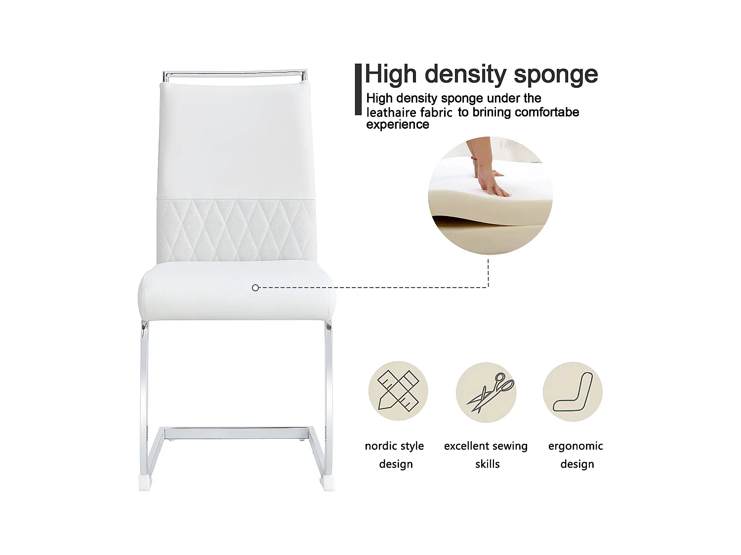 Lot de 2 chaises de salle à manger modernes, dossier en PU et lin, assise en velours, structure métallique, blanc (42x48x95 cm)