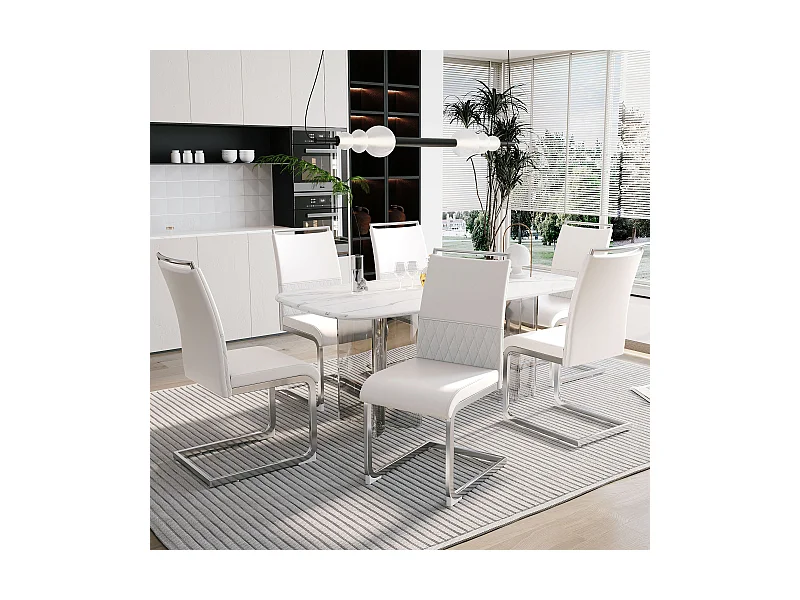 Set van 6 moderne eetkamerstoelen, rugleuning van PU en linnen, fluwelen zitting, metalen frame, wit (42x48x95 cm)