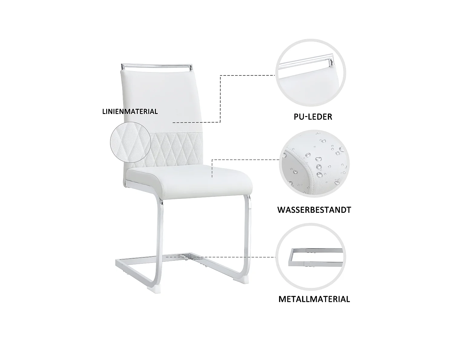 Lot de 6 chaises de salle à manger modernes, dossier en PU et lin, assise en velours, structure métallique, blanc (42x48x95 cm)