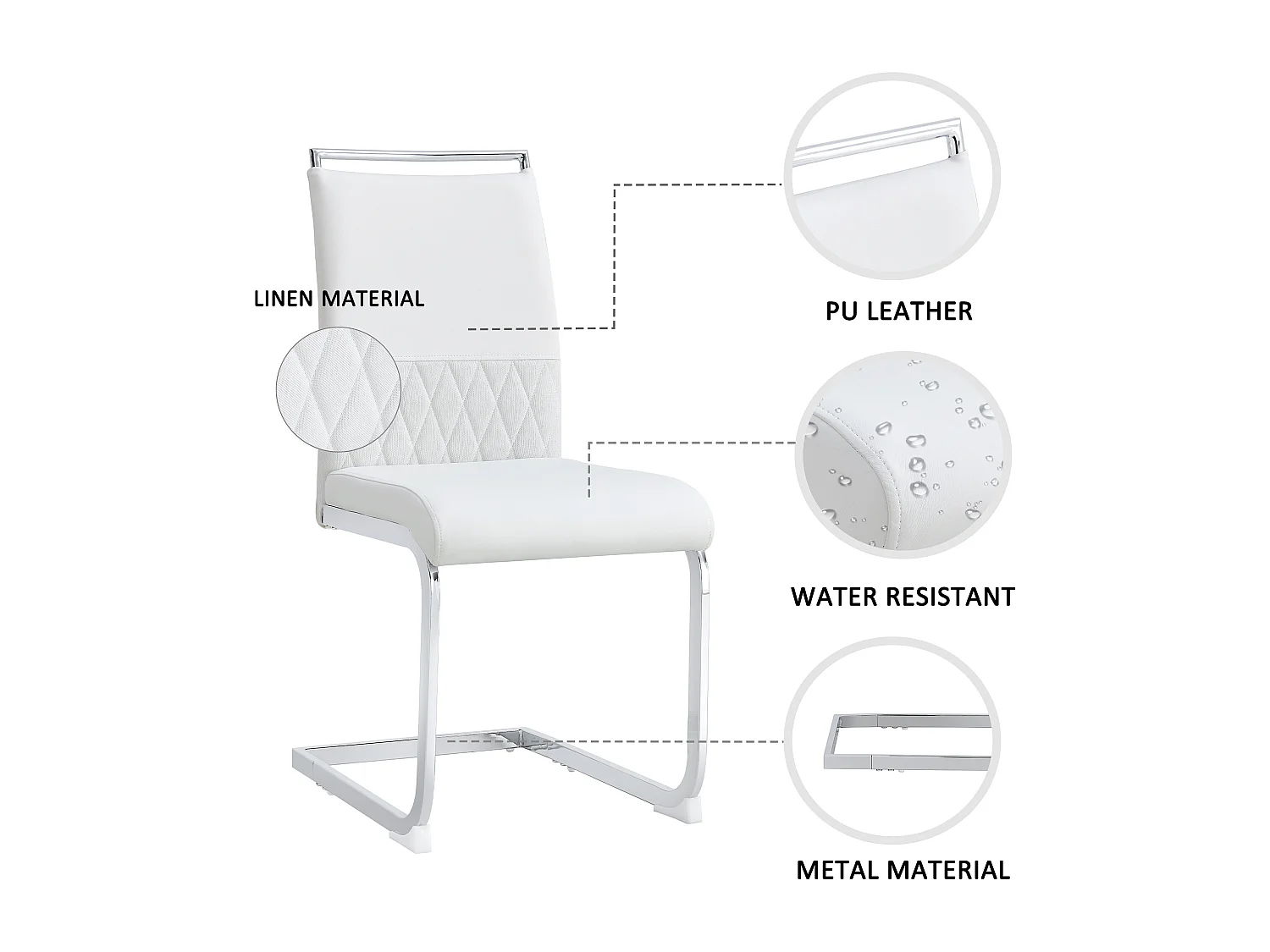 Lot de 6 chaises de salle à manger modernes, dossier en PU et lin, assise en velours, structure métallique, blanc (42x48x95 cm)