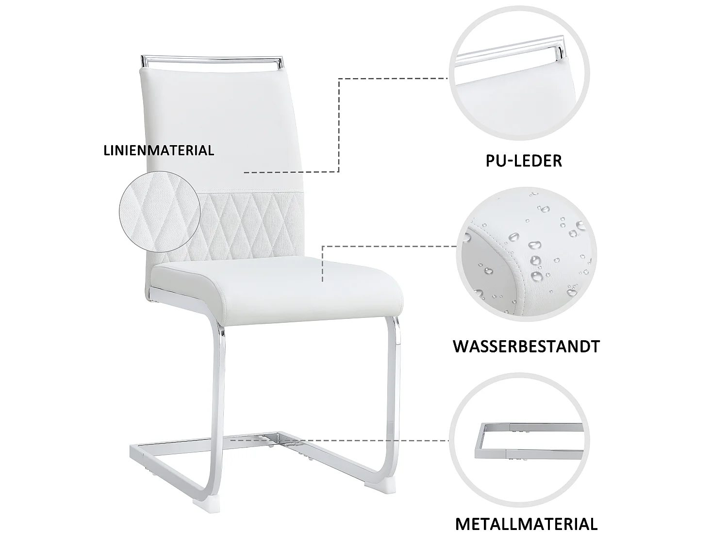 Lot de 6 chaises de salle à manger modernes, dossier en PU et lin, assise en velours, structure métallique, blanc (42x48x95 cm)