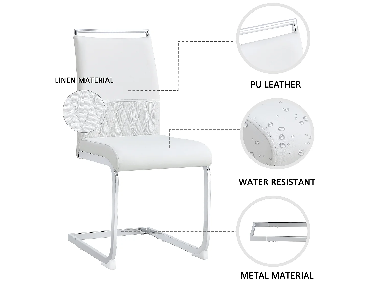 Lot de 6 chaises de salle à manger modernes, dossier en PU et lin, assise en velours, structure métallique, blanc (42x48x95 cm)