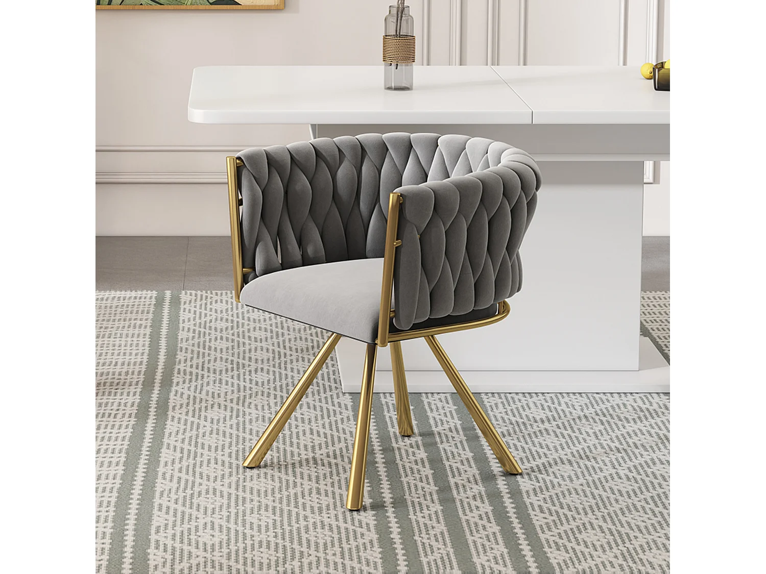 Chaise de salle à manger en velours, fauteuil de salon, pivotant, pieds métalliques dorés, gris et or