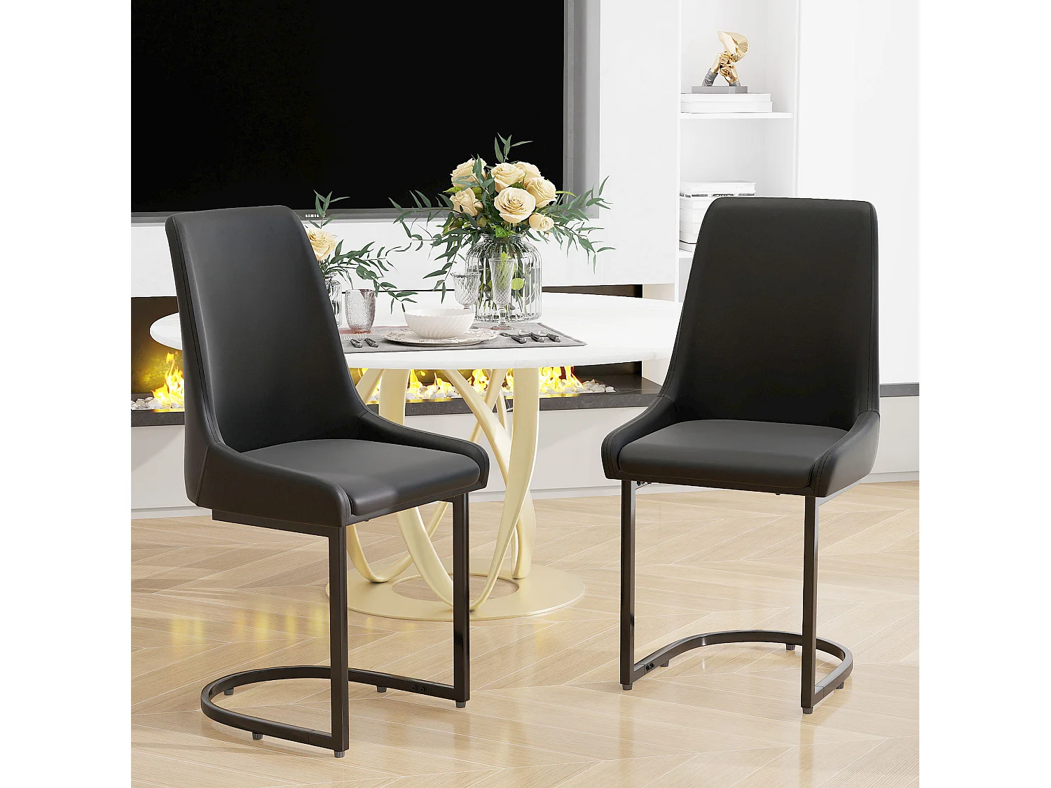 Set van 2 PU eetkamerstoelen, hoge rugleuning, modern design, zwart (49,5x55x92 cm)