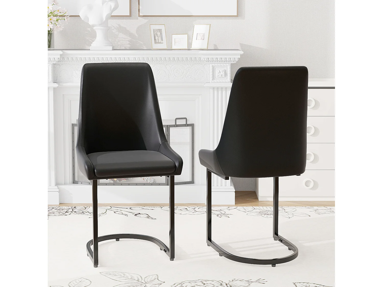 Set van 2 PU eetkamerstoelen, hoge rugleuning, modern design, zwart (49,5x55x92 cm)