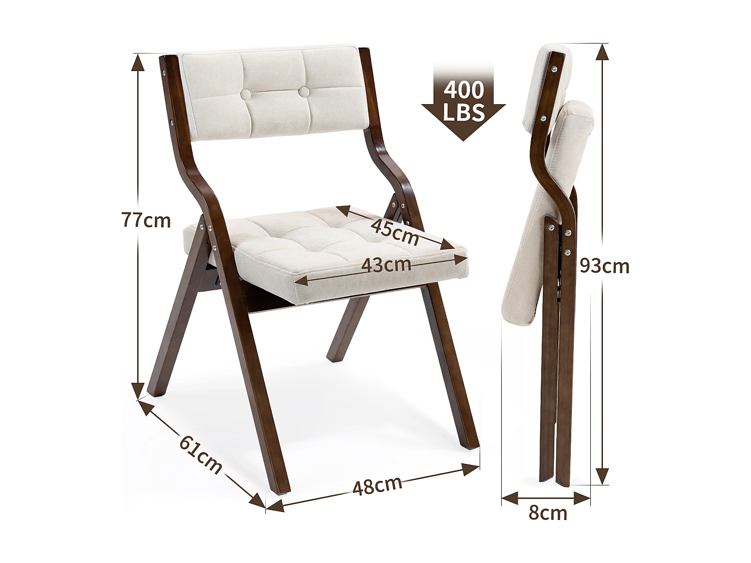 Sillas plegables con cojín, sillas de comedor plegables, madera, color crema (61 x 48 x 77 cm)
