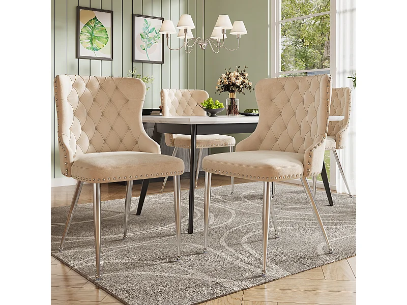 Sedia da pranzo in velluto, design elegante con gambe regolabili in argento, beige (54x54x85,5 cm)