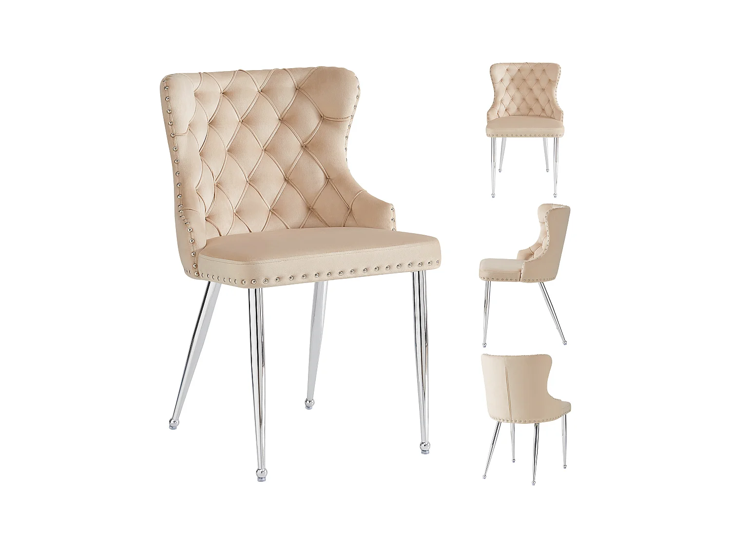 Eetkamerstoel van fluweel, elegant design met verstelbare zilveren poten, beige (54x54x85,5 cm)