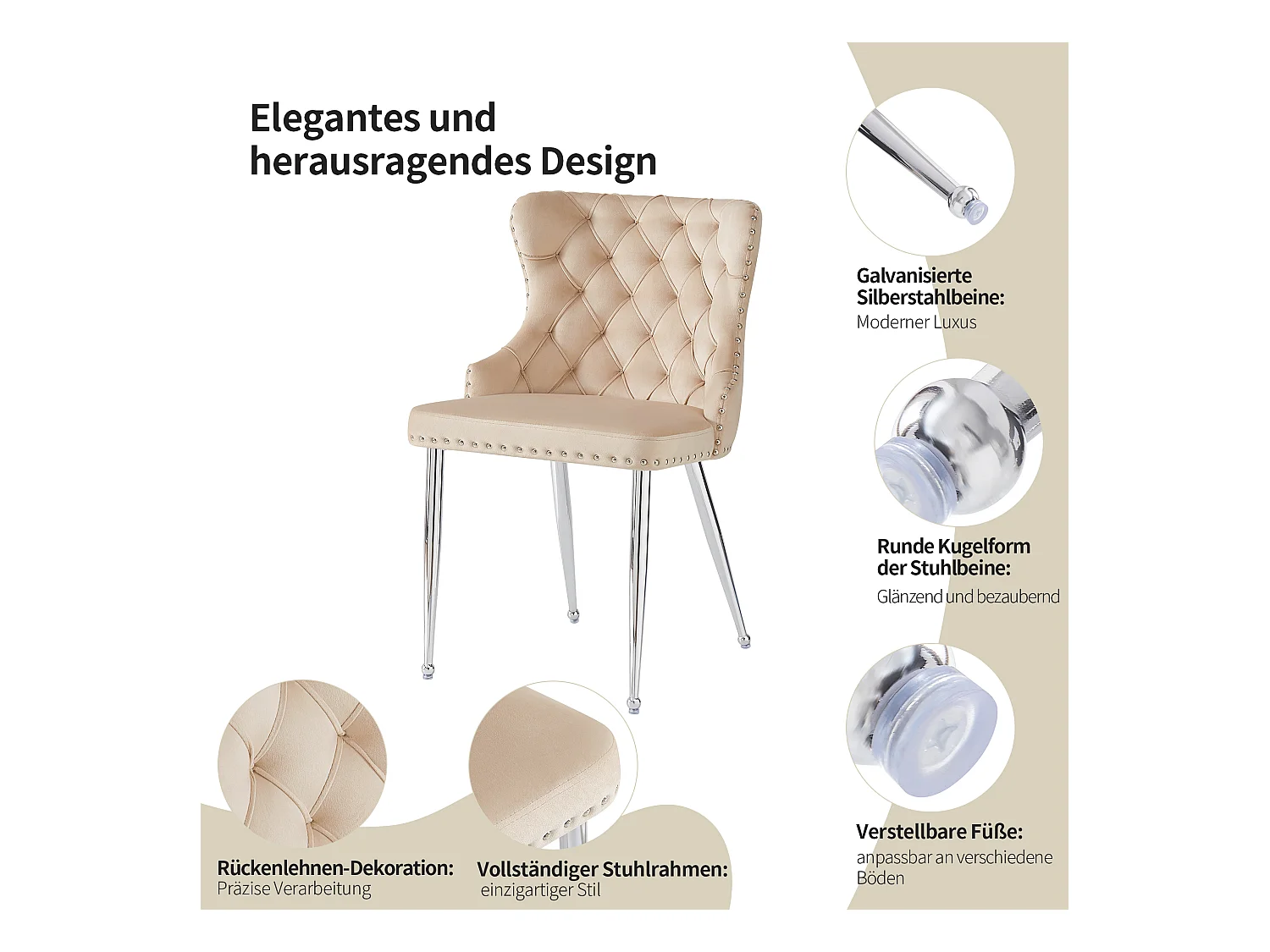 Eetkamerstoel van fluweel, elegant design met verstelbare zilveren poten, beige (54x54x85,5 cm)